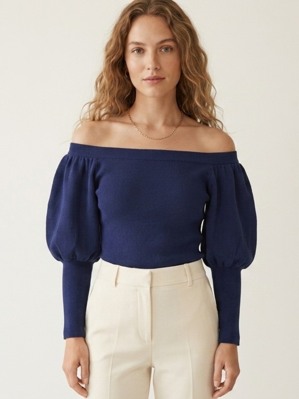 Club Monaco Navy Off-the-Shoulder Puff-Sleeve Sweater